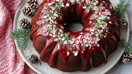 Christmas chocolate bundt cake with red icing and peppermint candy, festive holiday styling