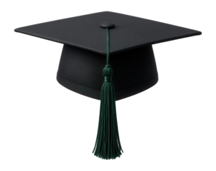 Graduation cap with forest green tassel and flat mortarboard