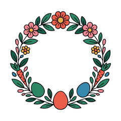 Easter floral wreath with colorful eggs carrots and spring flowers decorative circular frame vector illustration for greeting card or t shirt design