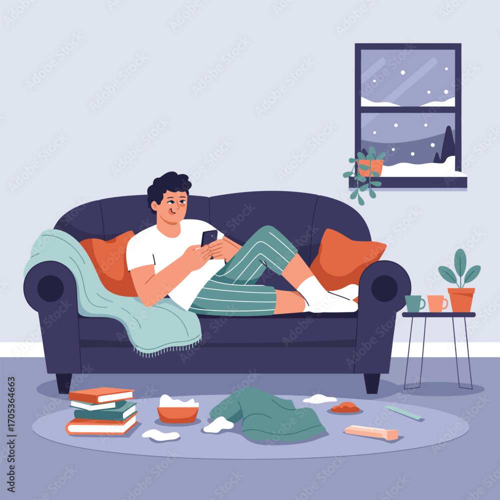 Poster man relaxing on sofa using smartphone amidst clutter on a winter day keywords: man, sofa