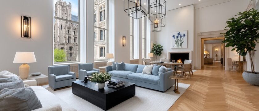 Modern living room featuring large windows and elegant decor in a stylish urban apartment overlooking historic architecture