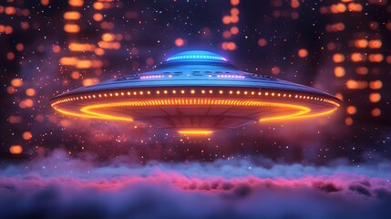 A futuristic glowing UFO spacecraft hovers above ethereal clouds with a bokeh city lights background at night