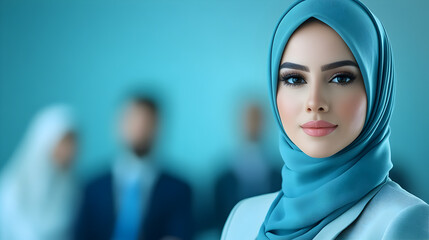 Arabian Businesswoman in office with Businesspeople meeting in the background, Arabian woman wearing Hijab in office with her colleagues in background