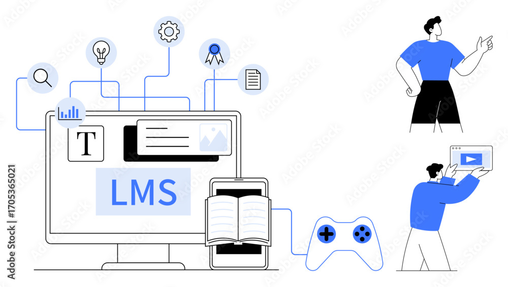 Poster computer with lms interface, icons for goals, content, games, and apps. two characters implement int