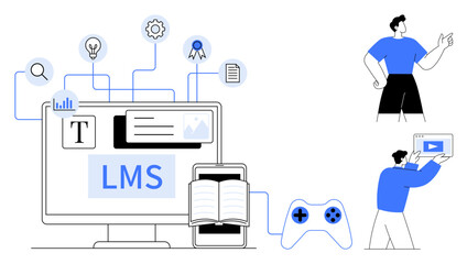 Computer with LMS interface, icons for goals, content, games, and apps. Two characters implement interactive features. Ideal for e-learning, education tech, online courses student resources digital
