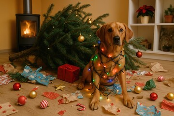 Dog tangled in colorful Christmas lights sitting beside a fallen tree and scattered gift wrap in a festive living room, humorously capturing the chaotic moments of holiday home celebrations