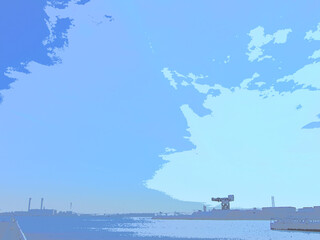 港の景色。イラスト風の写真。シティポップ調。