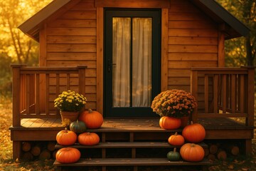 Rustic wooden cabin decorated with pumpkins and chrysanthemums on the porch during golden autumn sunset, ideal for fall-themed visuals, cozy home living, and seasonal lifestyle content