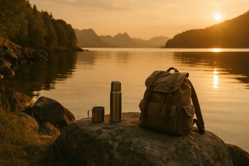 Backpack, mug, and thermos placed on a rock by the calm lake during sunset, evoking outdoor travel vibes and peaceful moments in nature. Great for adventure or camping visuals