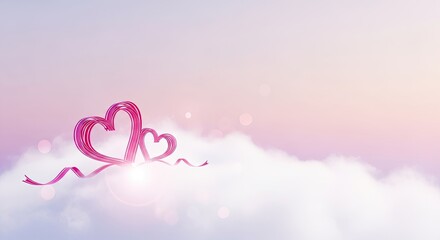 Romantic Valentines Day Scene with Two Hearts on Clouds.
