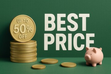 Best price banner with UP TO 50% OFF discount promo, modern style, compelling retail offer illustration.