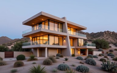 Fototapeta premium Modern desert house with large windows and unique architecture.