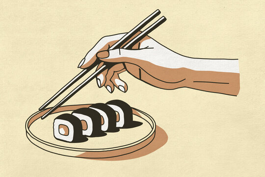 Minimalist illustration of hand with chopsticks taking sushi from plate