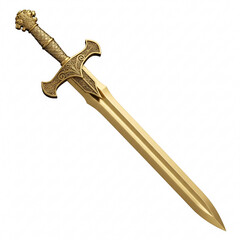 A shiny golden sword with a refined handle and a patterned hilt,