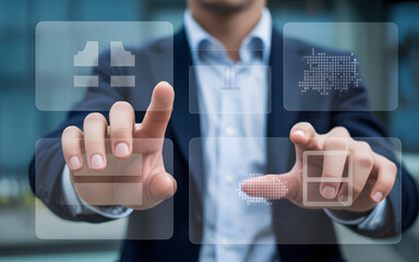 Businessman in a suit interacting with a futuristic transparent touchscreen interface with digital icons.