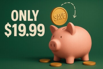 Promotional banner with ONLY $19.99 offer and SAVE coin, glossy style, attractive retail discount promotion.