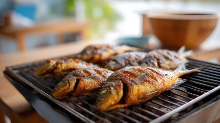 Grilled whole fish on barbecue rack &mdash; rustic outdoor cooking scene for culinary tradition, smoky texture and communal food storytelling