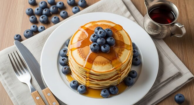 Stack of fluffy pancakes with blueberries and maple syrup delight