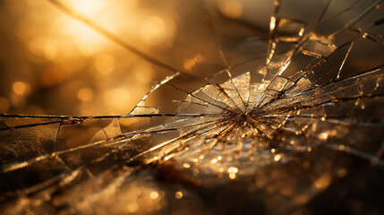 Shattered safety glass web, close-up of fractured glass patterns, soft diffused light