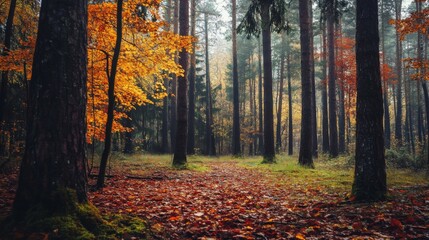 A misty forest path lined with tall trees with autumn foliage, leading into the distance.