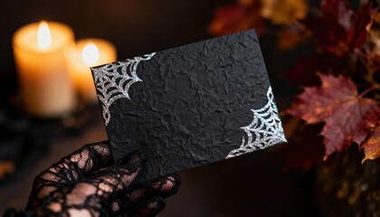Halloween party invitation with black lace accent and spider web design held by a black gloved hand in a cozy setting with candles and autumn leaves