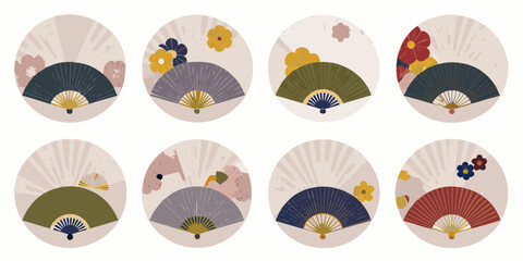 Collection of eight circular japanese fan designs with floral elements in a muted color palette