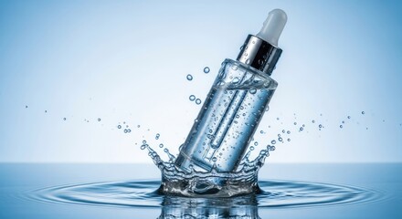 Serum bottle splashing in water, skincare product concept, beauty.