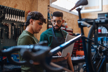 Bicycle mechanics using laptop for consulting components information in workshop