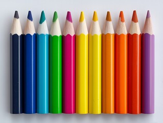 机の上に並べられたカラフルな色鉛筆のクローズアップ