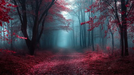A mysterious path winds through a dense forest, with red leaves scattered on the ground and a thick layer of fog obscuring the distant view.