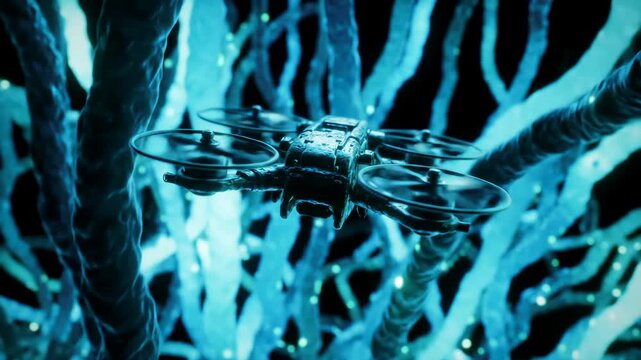 Drone microbot navigating human blood vessels, healthcare technology, science concept. Futuristic drone system in blood stream.
