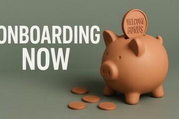 ONBOARDING NOW banner with WELCOME BONUS promotion, modern style, inviting retail discount offer.