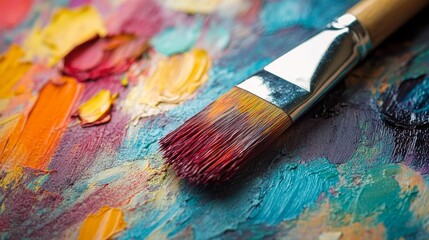 Obraz premium A paintbrush with red paint lies on a colorful palette with various shades of oil paints.