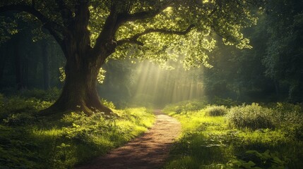 Fototapeta premium A path through a forest, with sunlight shining through the leaves of a large tree.