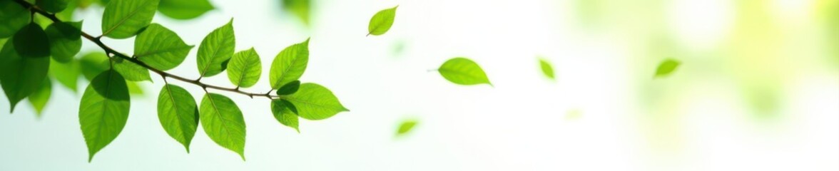 Fototapeta premium Green leaves fluttering, isolated white backdrop, airborne, isolated background