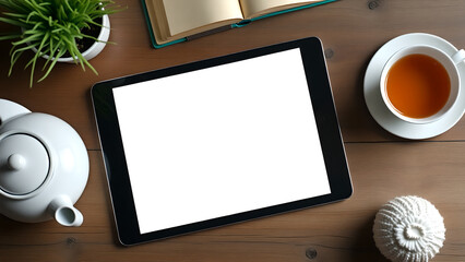 Digital tablet with blank white screen on rustic wooden table, next to teapot and teacups. Minimalist style, perfect for presenting app UI, website design or brand logo.