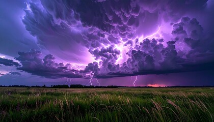 Obraz premium Sorcerous storm clouds forming arcane symbols over a silent meadow, lightning veins pulsing with violet energy, true-to-life HD camera imagery highlighting contrasts 
