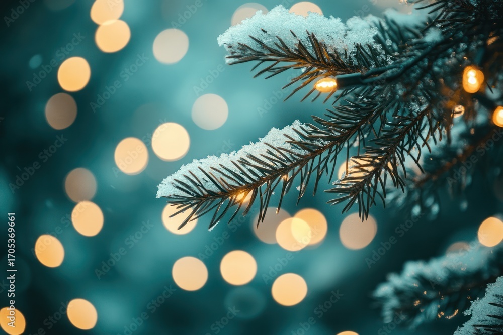 Poster pine tree branches with snow and bokeh lights in the background christmas effect snow-covered.