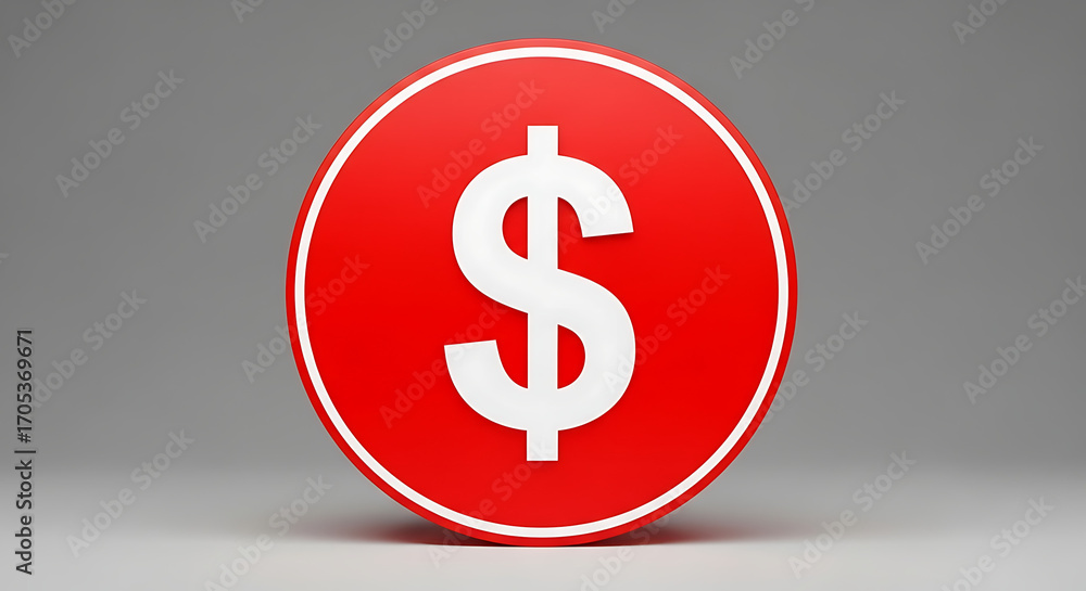 Poster symbolic rendering of a white currency symbol against a vibrant red circular backdrop set on a neutr