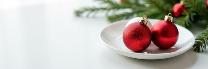 Modern Christmas card displayed on a minimalist white plate with ornaments , ball, xmas