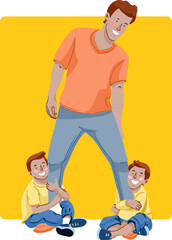 The children are playing around with their father. Vector illustration.