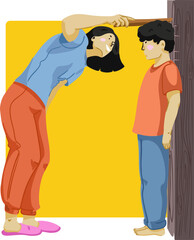 A mom is measuring her son's height. Vector illustration.