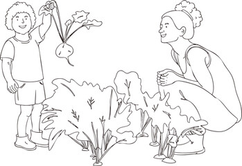A mom is watching her child pull out beets. Vector illustration.