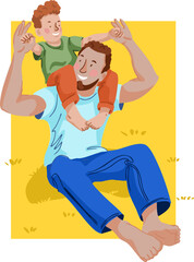A child is sitting on their dad's shoulders. Vector illustration.