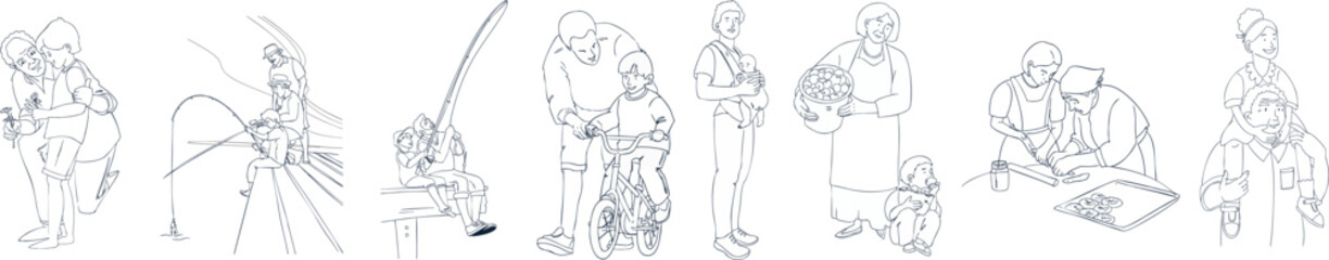 A set of illustrations depicting the relationship between grandparents and grandchildren. Vector illustration. Black-and-white illustration.