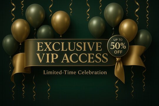 Exclusive VIP ACCESS up to 50% OFF limited-time celebration banner, elegant luxurious style, engaging retail promotion offer.