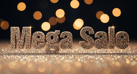 Sparkling Mega Sale Announcement : Dazzling glitter letters against a bokeh background Special offer for limited time only Don ' t miss it !
