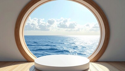 Tranquil ocean view from circular window scene