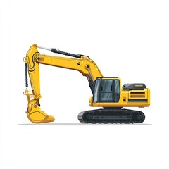 Yellow heavy-duty excavator, side view, isolated on white