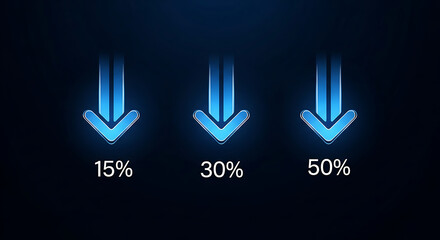 Downward - pointing arrows with percentages symbolizing reductions or negative trends set against a dark blue gradient background
